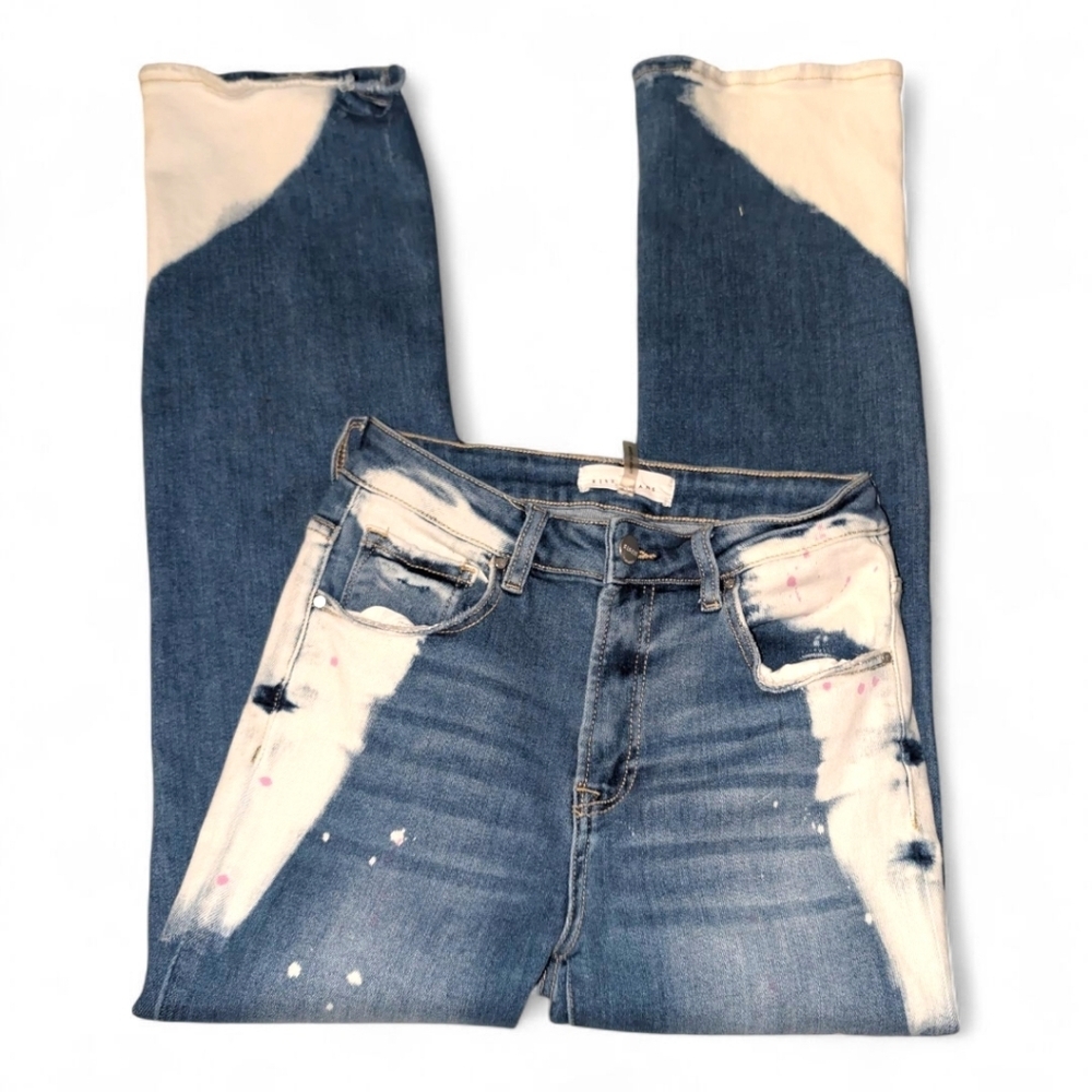 Risen Two Tone Bleach Denim Jeans Size 27 Straight Leg High Rise Contrast Wash - Picture 2 of 12